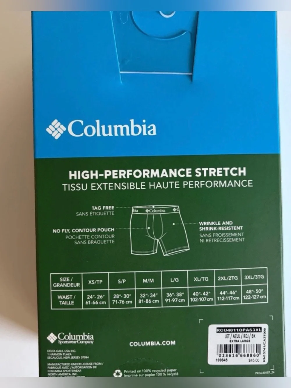 Columbia Men's High Performance Stretch Boxer Briefs 4 Pack Tag Free XL NIB
